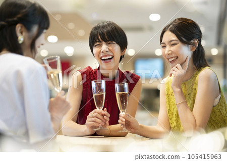 婦女聚會形象 年輕婦女拿著香檳杯聊天 105415963