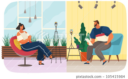 Cartoon characters are communicating, having conversation at work with computer, headphones 105415984
