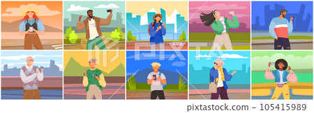 People using smartphones, gadget, mobile phone. Mobile internet, social media. Taking selfie on smartphone 105415989