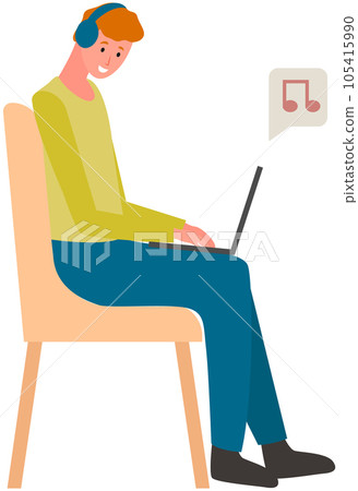 Man in armchair listens to music in headphones. Listening to radio, songs, audio with computer Man in armchair listens to music in headphones. Listening to radio, songs, audio with computer 105415990