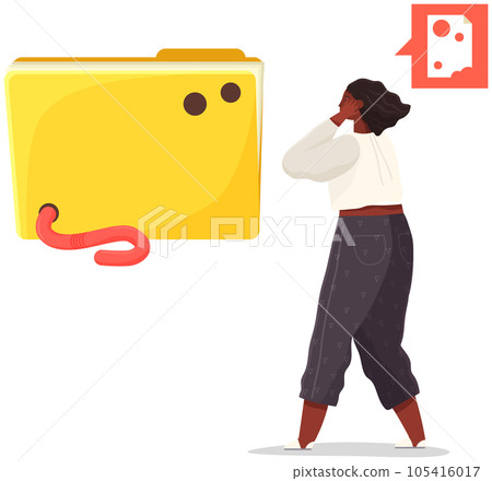 Girl looks in fright at worm eating folder with program data. Breaking security system of computer 105416017