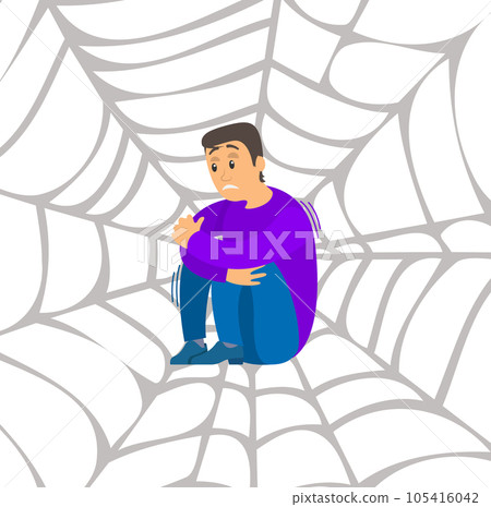 Fear of spider. Man frightened by spinner, guy suffering from arachnophobia, human fear concept 105416042