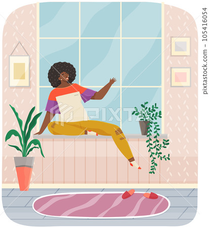 Girl sits and looks out window. She thinks about something with her eyes closed. Time to relax Girl sits and looks out window. She thinks about something with her eyes closed. Time to relax 105416054
