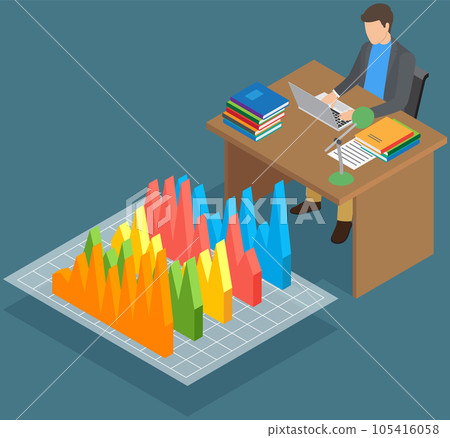 Analyze statistical indicators, business data. Work with marketing research. Data analysis isometric Analyze statistical indicators, business data. Work with marketing research. Data analysis isometric 105416058
