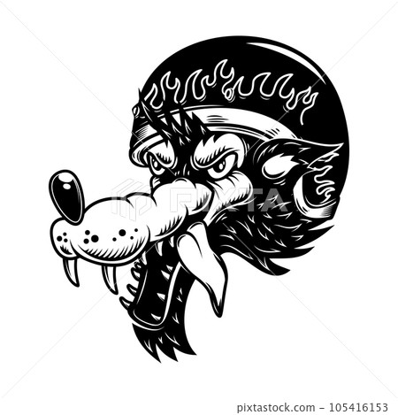 Illustration of cartoon wolf in racer helmet. Design element for poster, card, banner, sign, logo. Vector illustration Illustration of cartoon wolf in racer helmet. Design element for poster, card, banner, sign, logo. Vector illustration 105416153