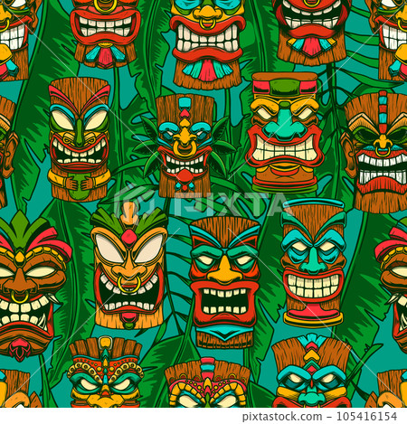 Seamless pattern with tiki idols and palm leaves. Design element for poster, card, banner, sign. Vector illustration Seamless pattern with tiki idols and palm leaves. Design element for poster, card, banner, sign. Vector illustration 105416154