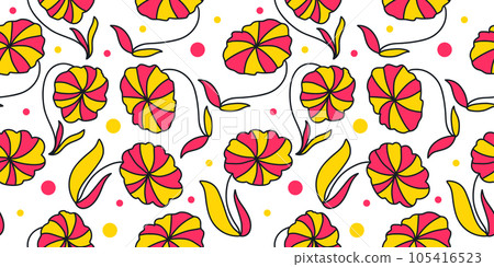 Seamless Floral Pattern with Groovy Style. Flower Motif for Fashion, Wallpaper, Wrapping Paper, Background, Fabric, Textile, Apparel, and Card Design 105416523