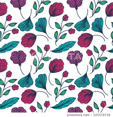 Exotic Seamless Floral Pattern with Vintage Style. Hand Drawn Flower Motif for Fashion, Wallpaper, Wrapping Paper, Background, Fabric, Textile, Apparel, and Card Design Exotic Seamless Floral Pattern with Vintage Style. Hand Drawn Flower Motif for Fashion, Wallpaper, Wrapping Paper, Background, Fabric, Textile, Apparel, and Card Design 105416536