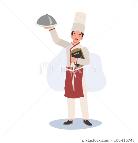 Full-Length Chef Illustration. Male Chef showing Recommend Menu. Flat vector cartoon illustration Full-Length Chef Illustration. Male Chef showing Recommend Menu. Flat vector cartoon illustration 105416745