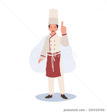 Full Length Smiling Male Chef Character Giving Thumb Up. chef Giving Approval Gesture. Flat vector cartoon illustration 105416769