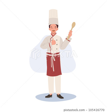 Full Length Smiling Male Chef Character Giving Thumb Up. chef Giving Approval Gesture. Flat vector cartoon illustration 105416770