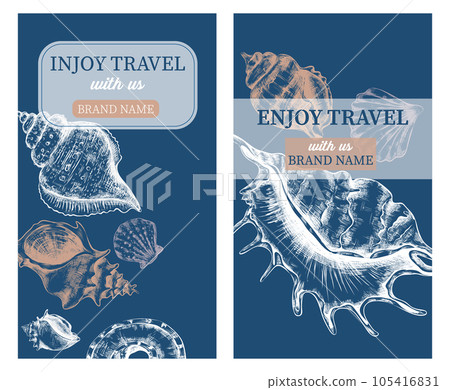 Sea shells. Hand drawn marine vertical posters with hand drawn sketch style elements. Flyer or brochure template. Banner or menu cover. Exotic nautilus, tropical clams. Vector illustration set Sea shells. Hand drawn marine vertical posters with hand drawn sketch style elements. Flyer or brochure template. Banner or menu cover. Exotic nautilus, tropical clams. Vector illustration set 105416831
