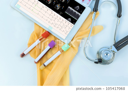 Doctor is utilizing digital tablet to ultrasound echocardiography diagnosis patient to accurate treatment 105417068