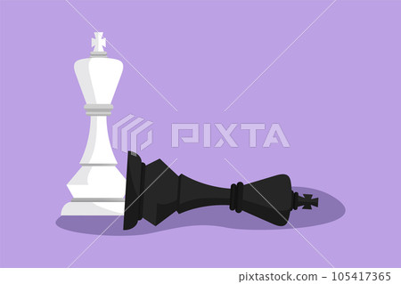 Graphic flat design drawing figures of wooden chess on chessboard. King, queen of opposing team. Composition for tourney. Queen chess figure as symbol of leadership. Cartoon style vector illustration 105417365
