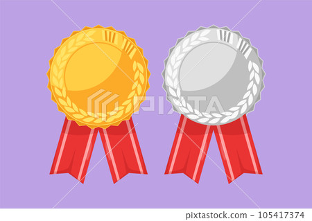 Graphic flat design drawing gold and silver medals realistic set with ribbons. Winner awards symbols. Achievement from competition, tournament, league, performance. Cartoon style vector illustration Graphic flat design drawing gold and silver medals realistic set with ribbons. Winner awards symbols. Achievement from competition, tournament, league, performance. Cartoon style vector illustration 105417374