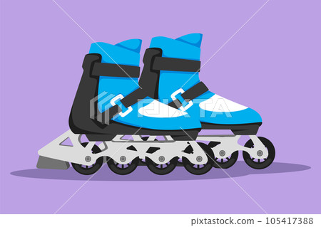 Character flat drawing pair of old retro plastic quad roller skate shoes logo. Healthy fitness sports concept. Vintage classical inline skating boot equipment sport. Cartoon design vector illustration 105417388
