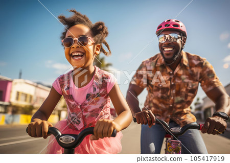 African American Dad and daughter ride bikes. Joint family game leisure. Generative AI illustration 105417919