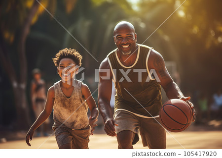 African American Dad and son playing basketball on court. Joint family game leisure. Generative AI illustration 105417920