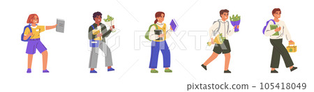 Happy Pupils Going to School. Children with bags, heading for an autumn day of learning. Boys and girls carrying books in their backpacks. Flat illustrations isolated on white background. 105418049