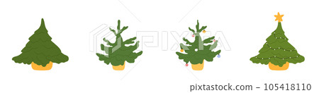 Hand-Drawn Christmas Tree Icon. Festive Xmas Spruce. Green Fir Cartoon with Decorated Ornaments. Flat Illustrations Isolated on White Background. Hand-Drawn Christmas Tree Icon. Festive Xmas Spruce. Green Fir Cartoon with Decorated Ornaments. Flat Illustrations Isolated on White Background. 105418110