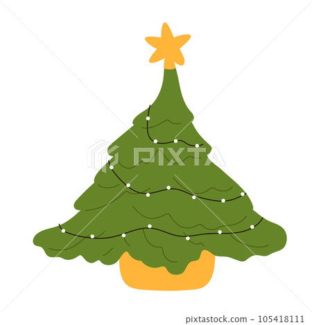 Hand-Drawn Christmas Tree Icon. Festive Xmas Spruce. Green Fir Cartoon with Decorated Ornaments. Flat Illustrations Isolated on White Background. 105418111