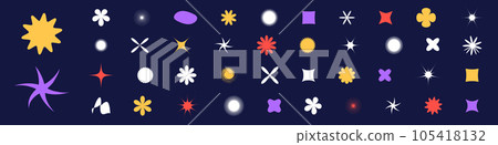 Abstract geometric shapes, iconic star and flower elements in retro Y2K design. Stickers and figures in funky graphic style. Flat vector illustrations isolated background. 105418132