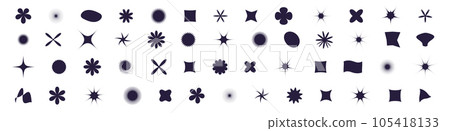 Retro Y2K abstract geometric shapes, star and flower figures. Funky design icons enhancing visual backgrounds. Flat vector illustrations isolated on white background. 105418133