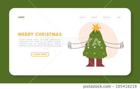 Merry Christmas landing page. Festive Xmas Fir with Star Decorations. Cartoon Graphic for New Year's Winter Background. Flat Illustrations 105418219