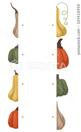 Find right half for various autumn pumpkins. Vector worksheet template for preschool lessons. Children educational gardening game template. Find right half for various autumn pumpkins. Vector worksheet template for preschool lessons. Children educational gardening game template. 105418459