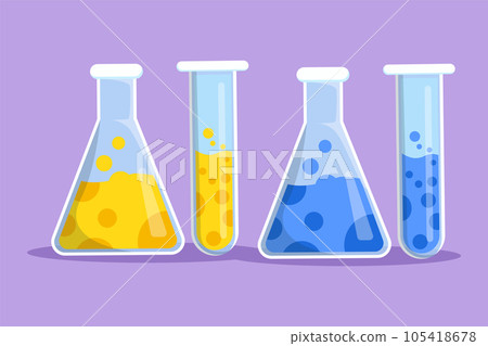 Character flat drawing stylized chemical research laboratory equipment logo, label, symbol. Chemistry laboratory glassware. Graduated lab test tube, beaker, flask. Cartoon design vector illustration 105418678