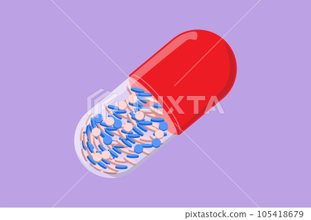 Cartoon flat style drawing pill from bottle logo icon. Medical capsules container. Tablet pill medical drug pharmacy care and tablet pills antibiotic pharmaceutical. Graphic design vector illustration 105418679