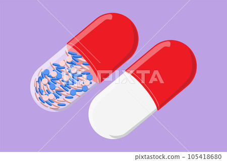 Graphic flat design drawing tablet pill medical drug pharmacy care symbol. Cold, flu, cough preparations: medicinal syrup, nose spray, throat spray, pills, capsules. Cartoon style vector illustration 105418680