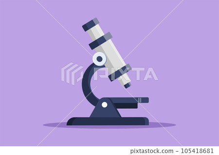 Character flat drawing laboratory microscope to help doctor discover vaccine. Lab microscope to magnify bacteria size under the lens. Back to school and education. Cartoon design vector illustration 105418681