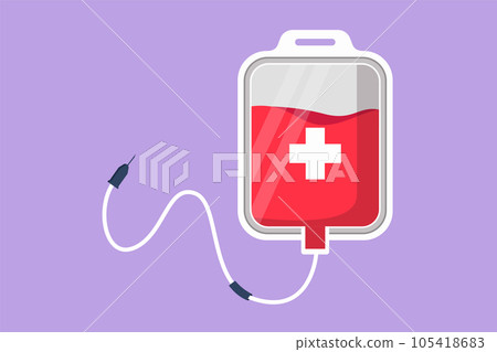 Graphic flat design drawing blood bag logo, label. IV bag in trendy flat style. Infuse icon. Blood bag for emergency rescue. Medicine, clinic and health care symbol. Cartoon style vector illustration 105418683