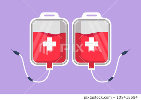 Character flat drawing of blood bag logo, label. IV bag in trendy flat style. Infuse icon. Blood bag for emergency rescue. Medicine, clinic and health care symbol. Cartoon design vector illustration 105418684