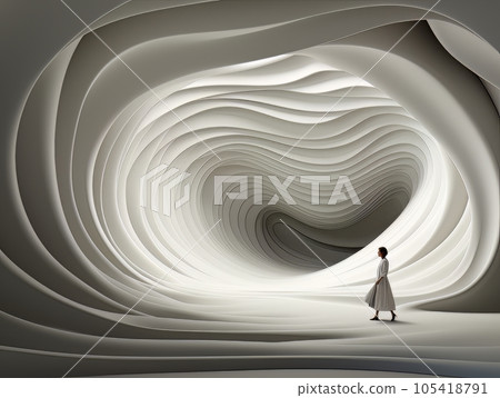 Abstract minimalistic interior black and white 3D tunnel and silhouette of a woman in it. AI Abstract minimalistic interior black and white 3D tunnel and silhouette of a woman in it. AI 105418791