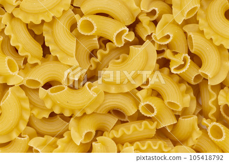 Dried macaroni cockerel scallops. Pasta vermicelli texture, noodles background. 105418792