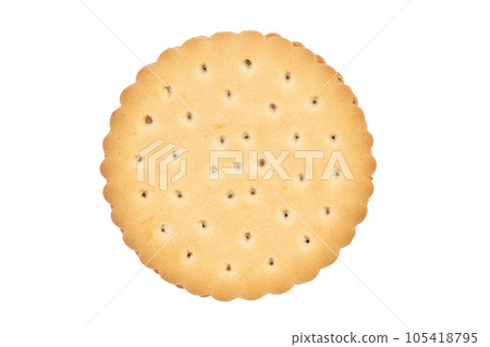 Stacked sandwich biscuits with pink cream filling isolated on white background. Stacked sandwich biscuits with pink cream filling isolated on white background. 105418795