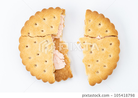 Stacked sandwich biscuits with pink cream filling. Stacked sandwich biscuits with pink cream filling. 105418798