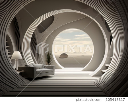 Home interior futuristic design with round window arch showing beautiful outdoors. 3D visualization AI 105418817