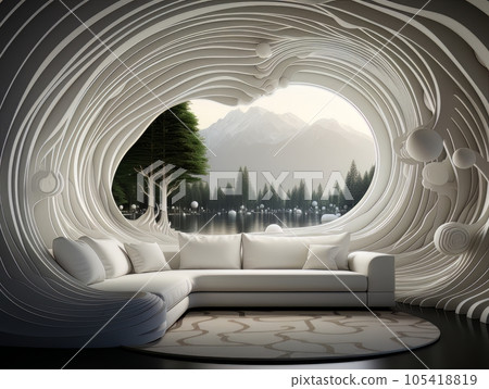 Home interior futuristic design with round window showing a beautiful outdoors. 3D visualization AI 105418819