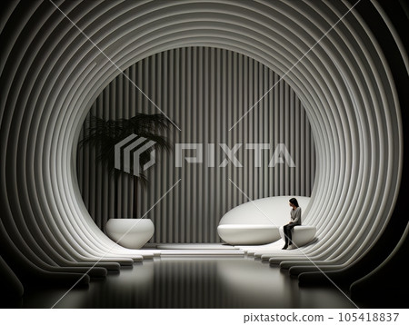 Home white interior design with round arch showing beautiful white exterior and mannequin sits on the couch. AI 105418837