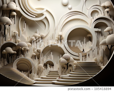 Futuristic fairytale interior divided into sections with stairs and gardens. 3D visualization AI 105418894