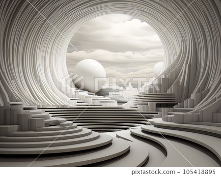 Geometric tunnel with arch and open air view. 3D visualization AI 105418895