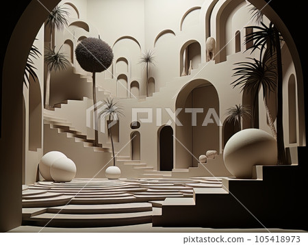 Futuristic interior paper mockup of hotel or oriental palace with arches and palm trees. AI 105418973
