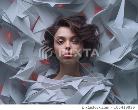 Beautiful girl with short wavy hair against paper wall. AI 105419059