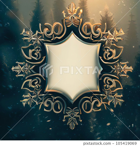 Abstract design of blank luxury frame with snowflake in forest around it. Abstract design of blank luxury frame with snowflake in forest around it. 105419069