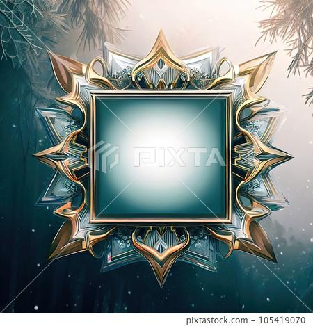 Abstract design of blank luxury frame with snowflake in forest around it. 105419070