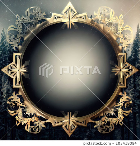 Abstract design of blank luxury frame with snowflake in forest around it. Abstract design of blank luxury frame with snowflake in forest around it. 105419084