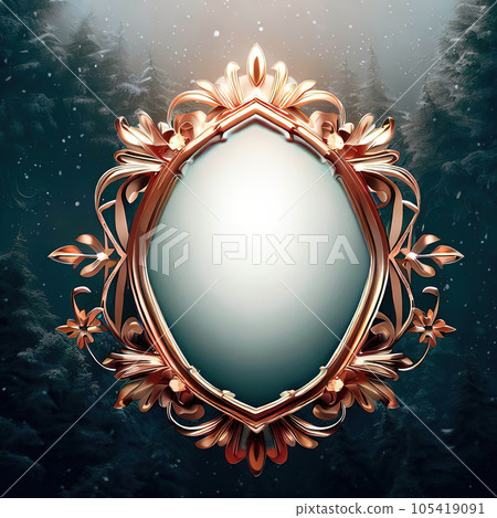 Abstract design of blank luxury frame with snowflake in forest around it. 105419091
